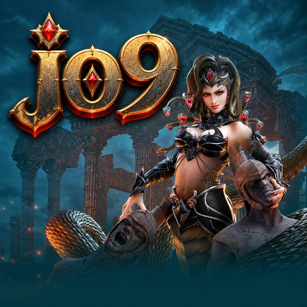 jo9 ตัวละครเมดูซ่ากับรูปปั้นหินท่ามกลางซากปรักหักพังโบราณจากเกม Medusa 2